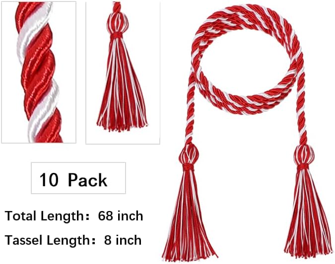 D DODOU 10 Pieces Graduation Cords Polyester Graduation Honor Braided Cords with Sewing Tassels for Bachelor, Master, Doctor 68" Long (Red White) - Image 3